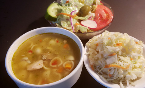 Chalet chicken noodle soup, fresh garden salad and home-made coleslaw
