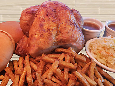 Bbq'd chicken,fresh cut fries, sauce and coleslaw, for the whole family